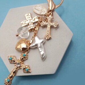 Bag Backpack Charm- Crosses Western Heart Pearlized Crosses Gold Tone